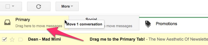 Gmail drag email in promotion to primary tab